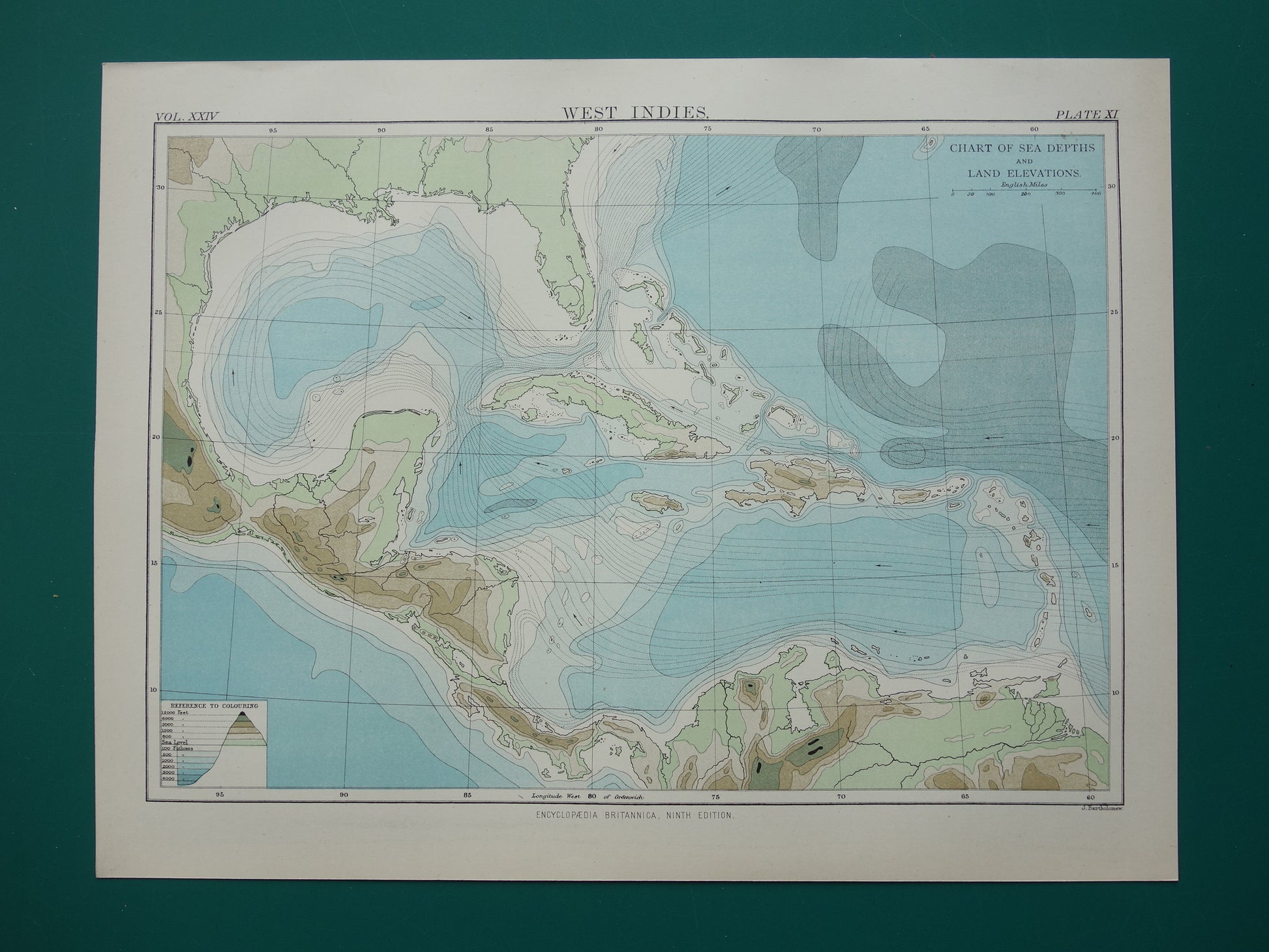 Oude hoogtekaart van het Caraïbisch gebied 1888 originele antieke kaart/landkaart Caraïben dieptekaart Caribische zee