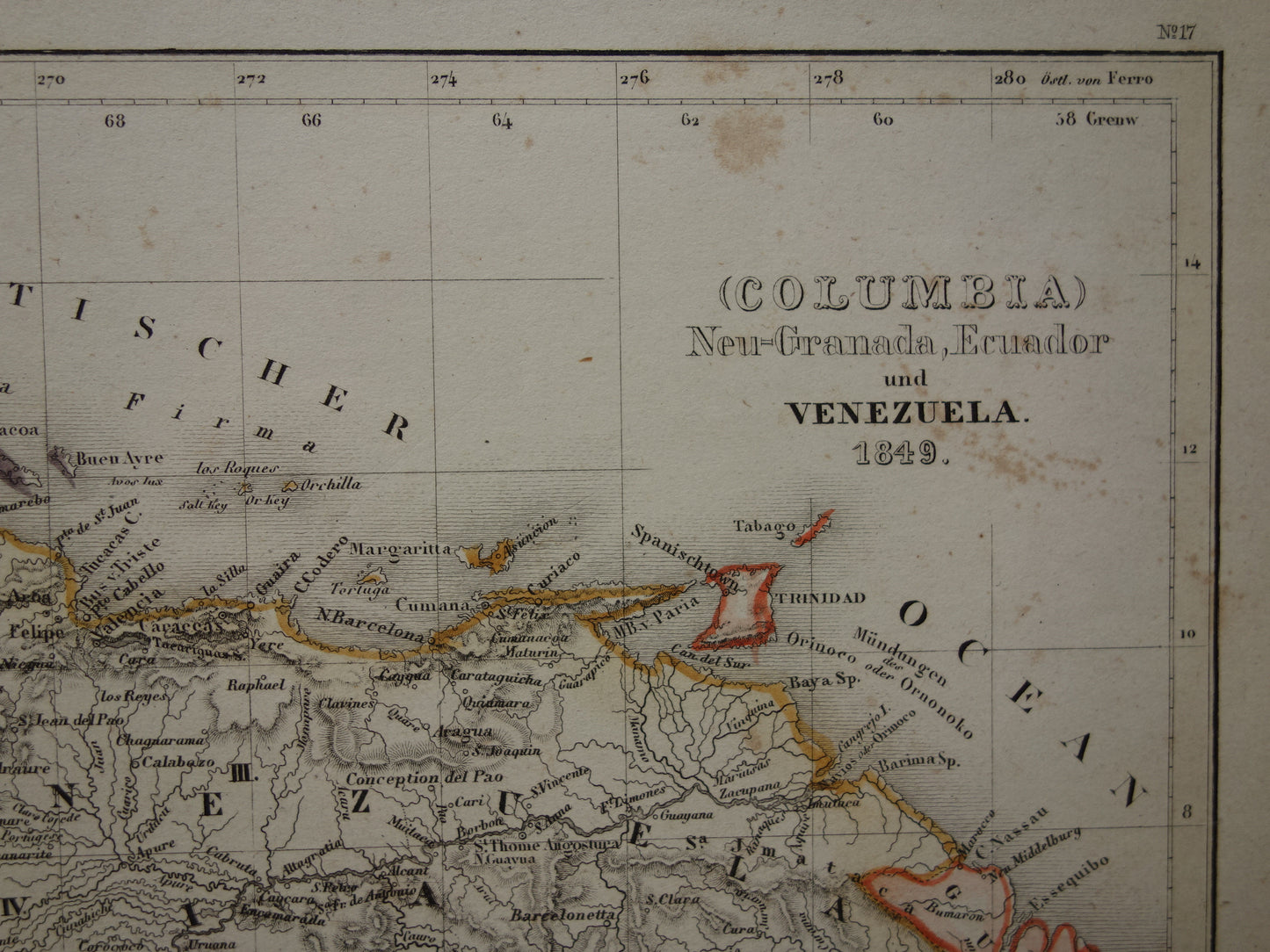 COLOMBIA Old map of Ecuador Venezuela 175+ year old hand-colored map of South America Andes Mountains