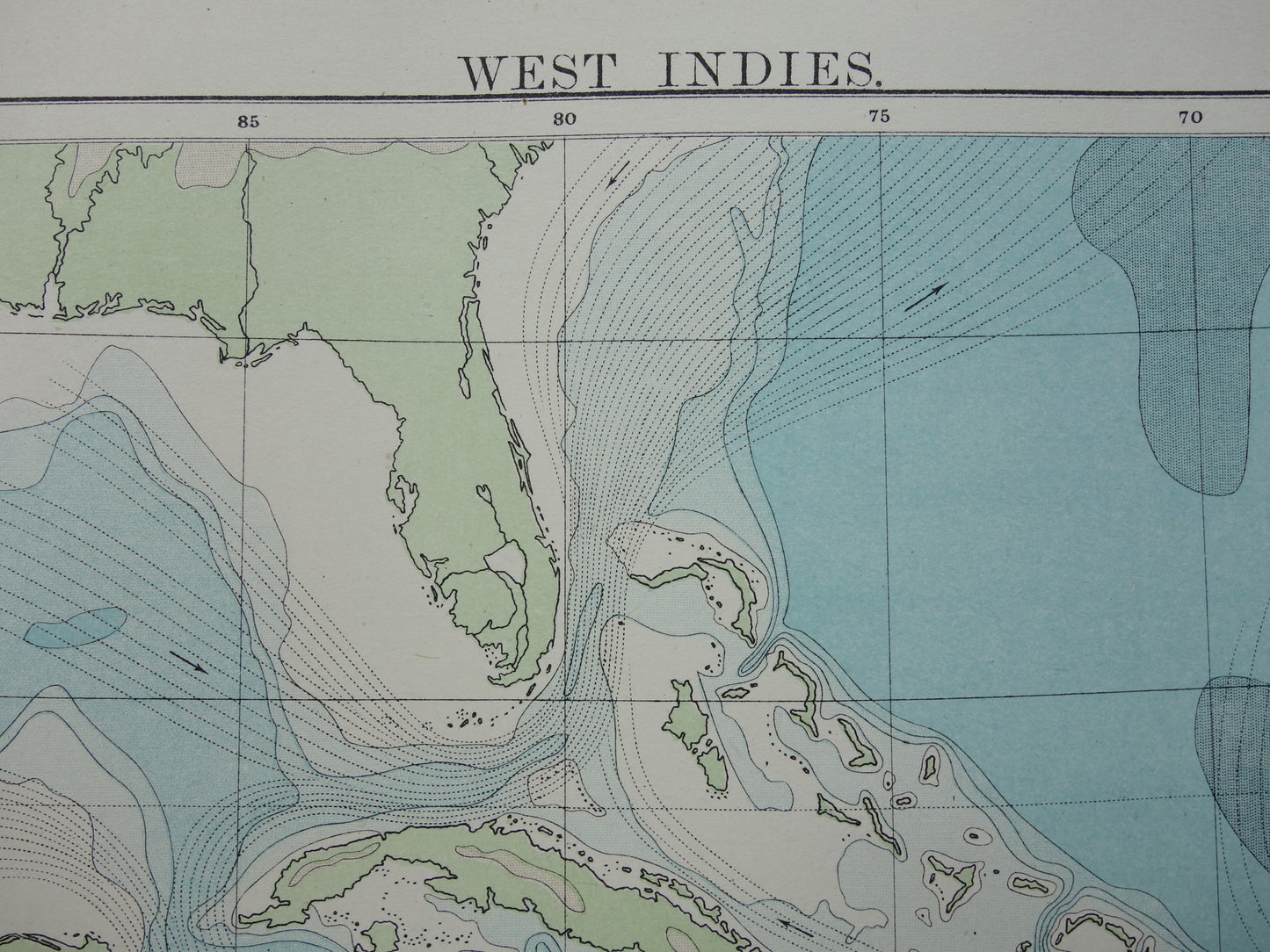 Oude hoogtekaart van het Caraïbisch gebied 1888 originele antieke kaart/landkaart Caraïben dieptekaart Caribische zee