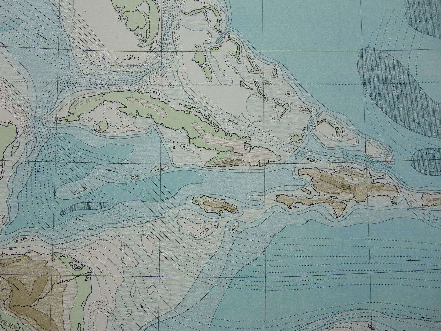 Oude hoogtekaart van het Caraïbisch gebied 1888 originele antieke kaart/landkaart Caraïben dieptekaart Caribische zee