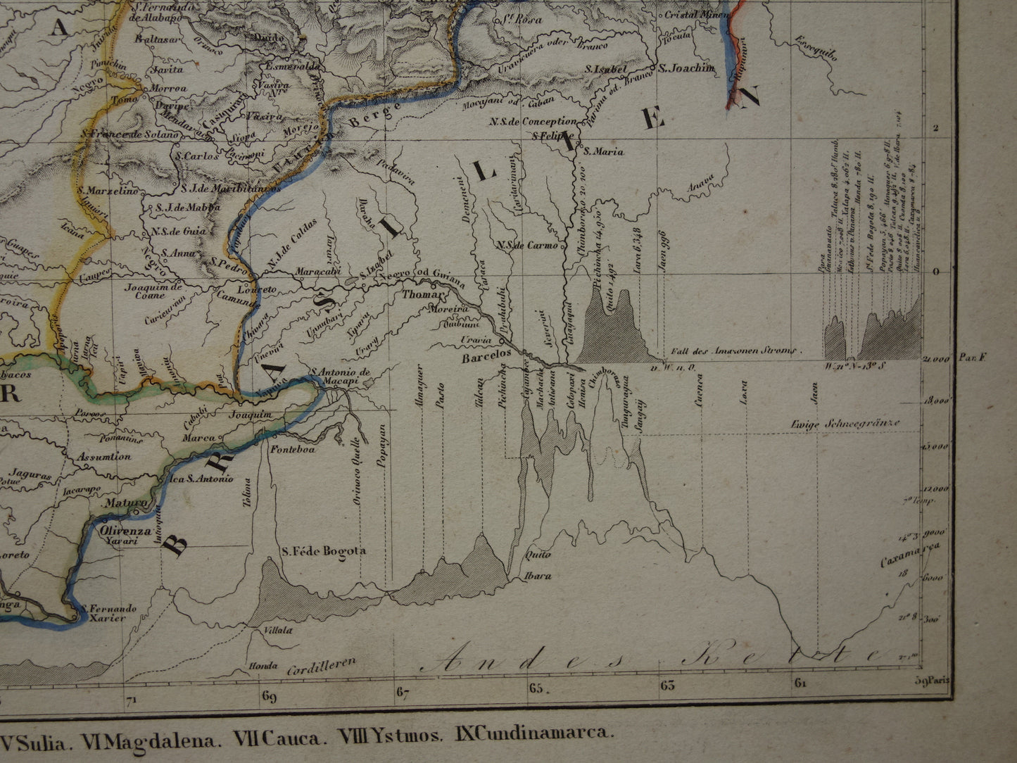 COLOMBIA Old map of Ecuador Venezuela 175+ year old hand-colored map of South America Andes Mountains