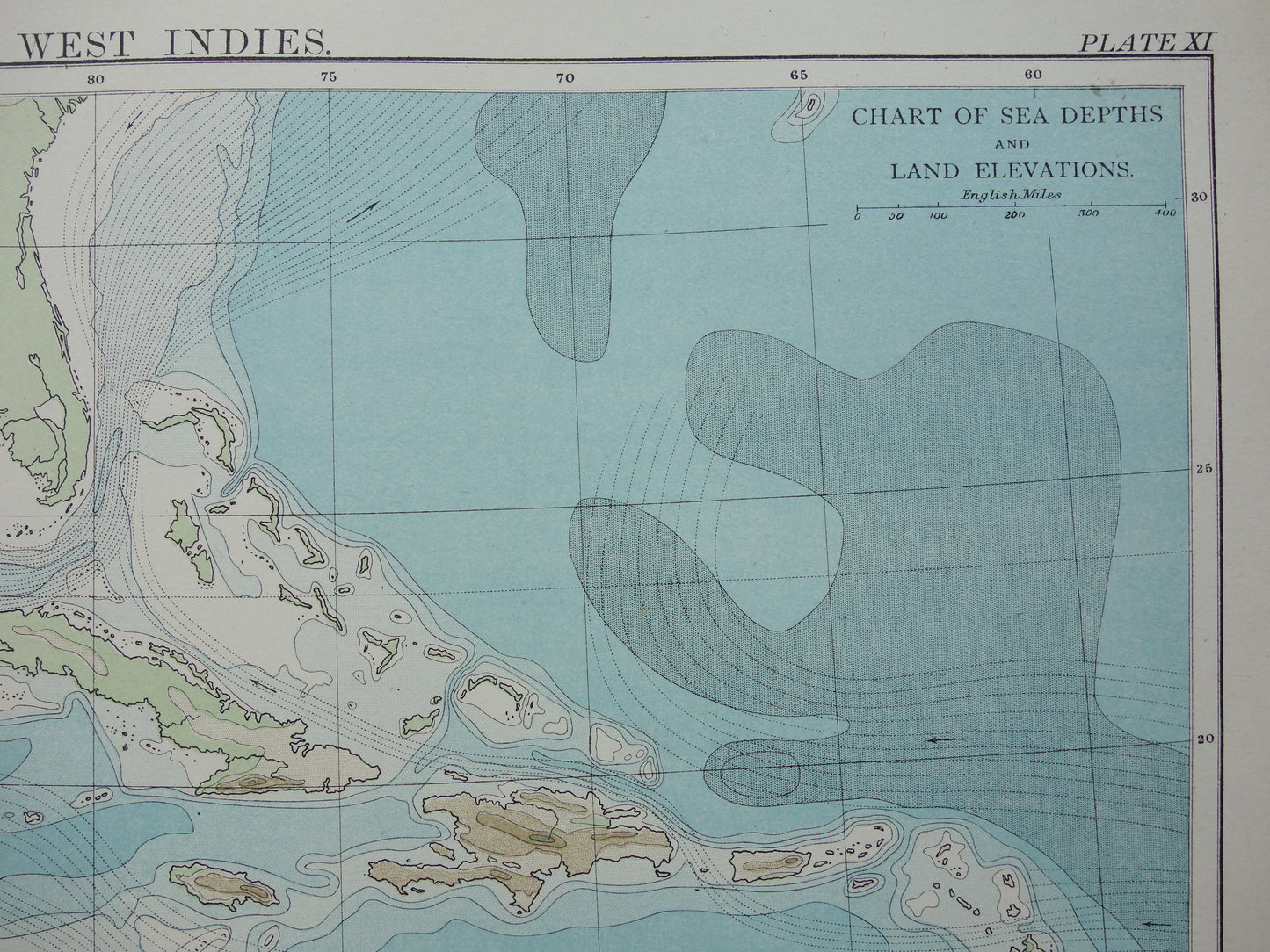 Oude hoogtekaart van het Caraïbisch gebied 1888 originele antieke kaart/landkaart Caraïben dieptekaart Caribische zee