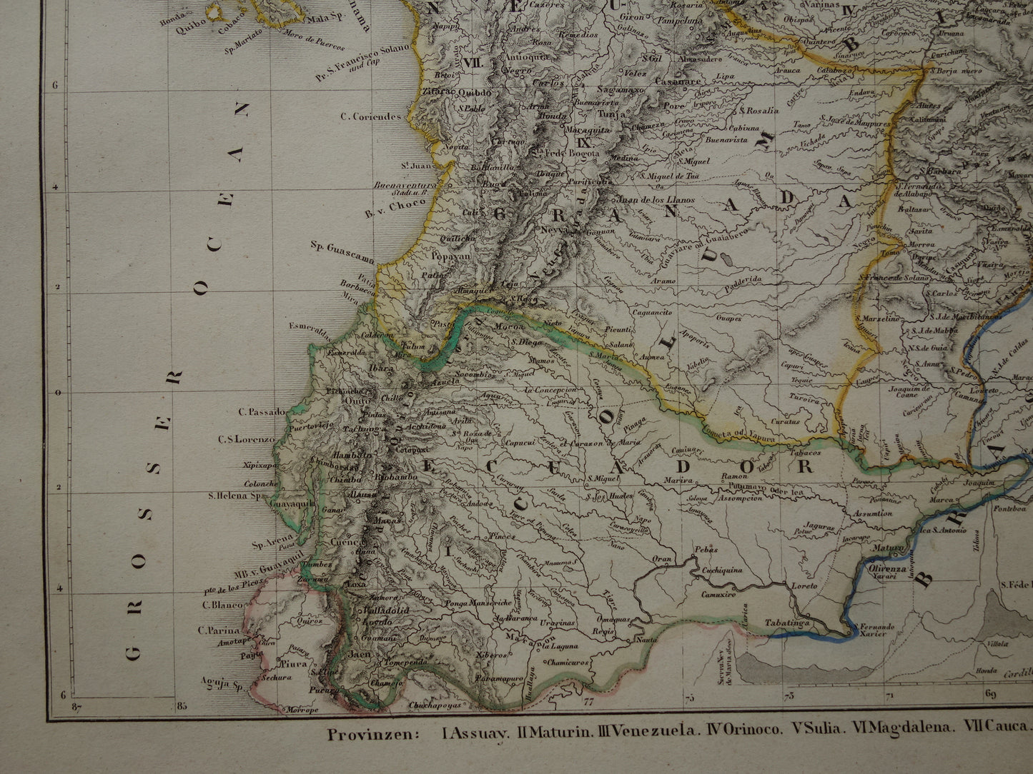 COLOMBIA Old map of Ecuador Venezuela 175+ year old hand-colored map of South America Andes Mountains