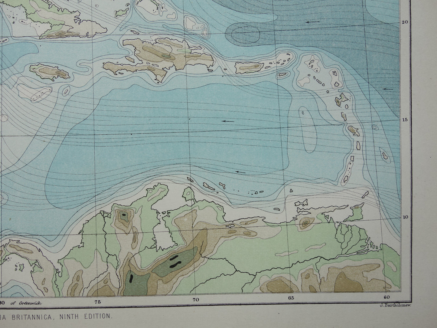 Oude hoogtekaart van het Caraïbisch gebied 1888 originele antieke kaart/landkaart Caraïben dieptekaart Caribische zee