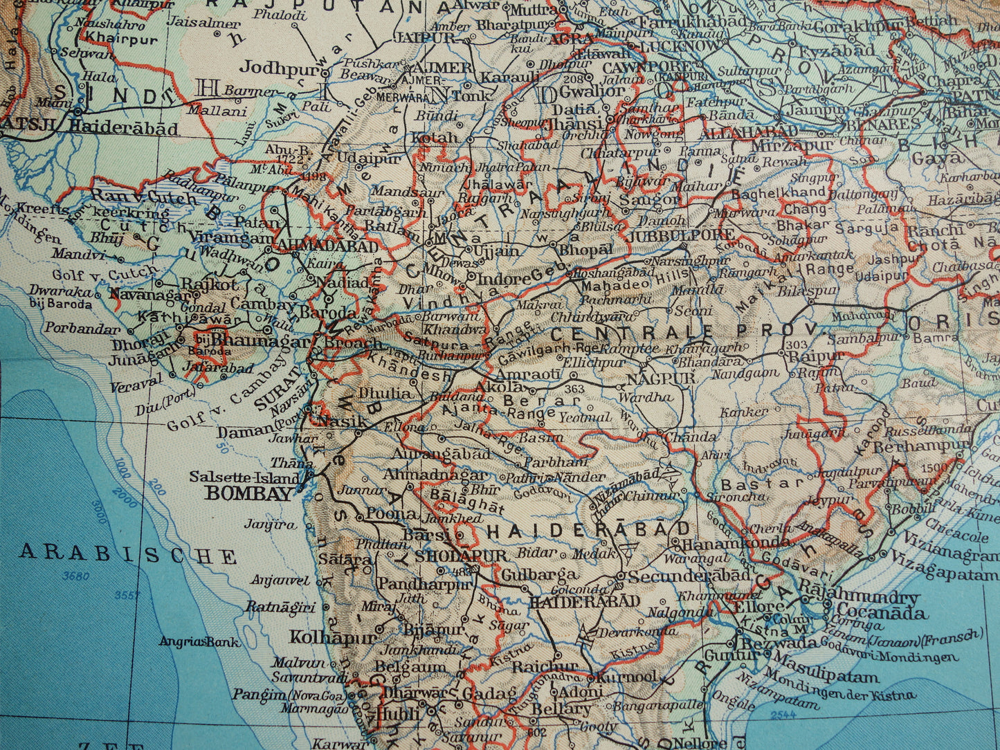 Old map of India from 1938 original vintage Dutch map of India relief map