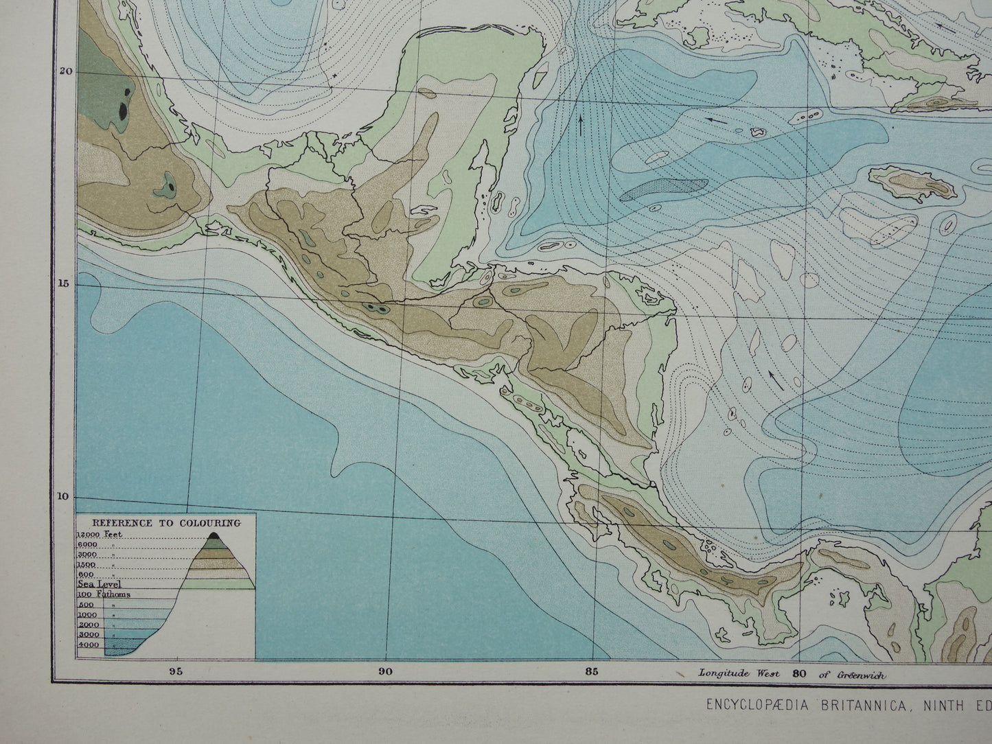 Oude hoogtekaart van het Caraïbisch gebied 1888 originele antieke kaart/landkaart Caraïben dieptekaart Caribische zee