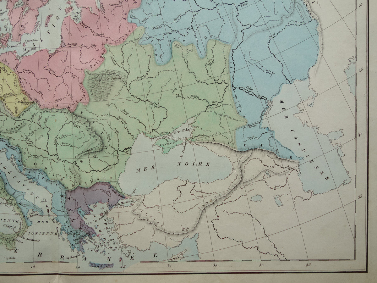 Oude kaart van rivieren in Europa uit 1859 Originele antieke Franse landkaart riviersystemen