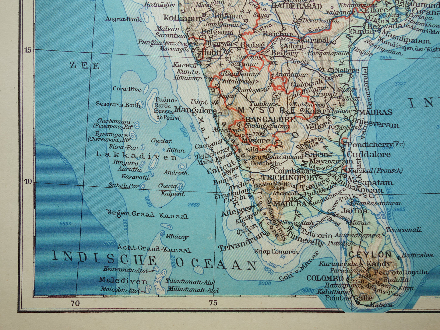 Old map of India from 1938 original vintage Dutch map of India relief map