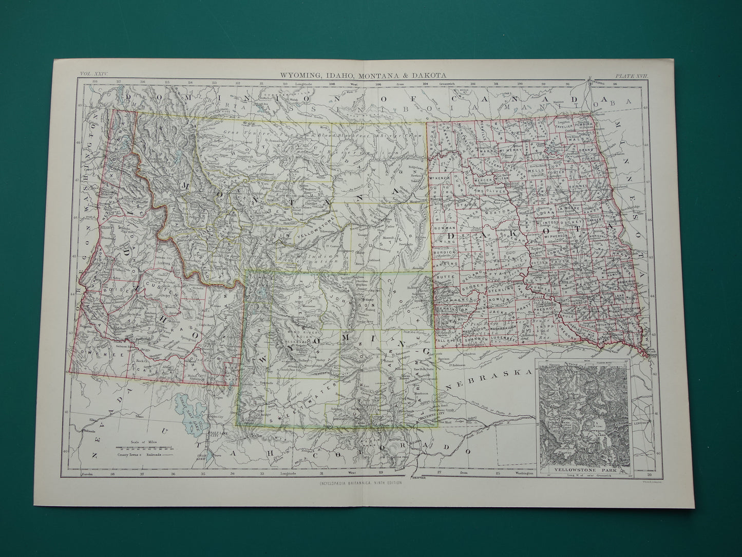 Old map USA 1888 original antique map Idaho Wyoming Montana North and South Dakota USA