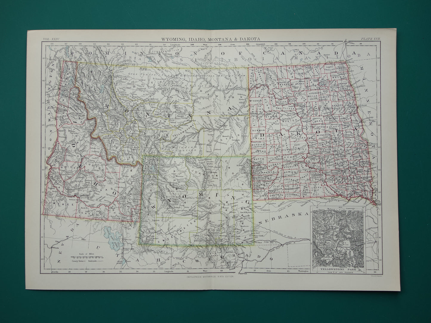 Oude kaart VS 1888 originele antieke landkaart Idaho Wyoming Montana North and South Dakota USA