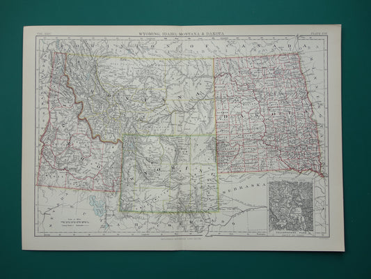 Oude kaart VS 1888 originele antieke landkaart Idaho Wyoming Montana North and South Dakota USA