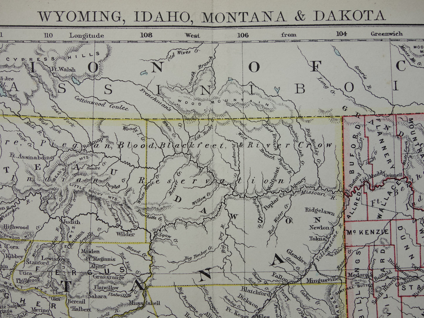 Old map USA 1888 original antique map Idaho Wyoming Montana North and South Dakota USA