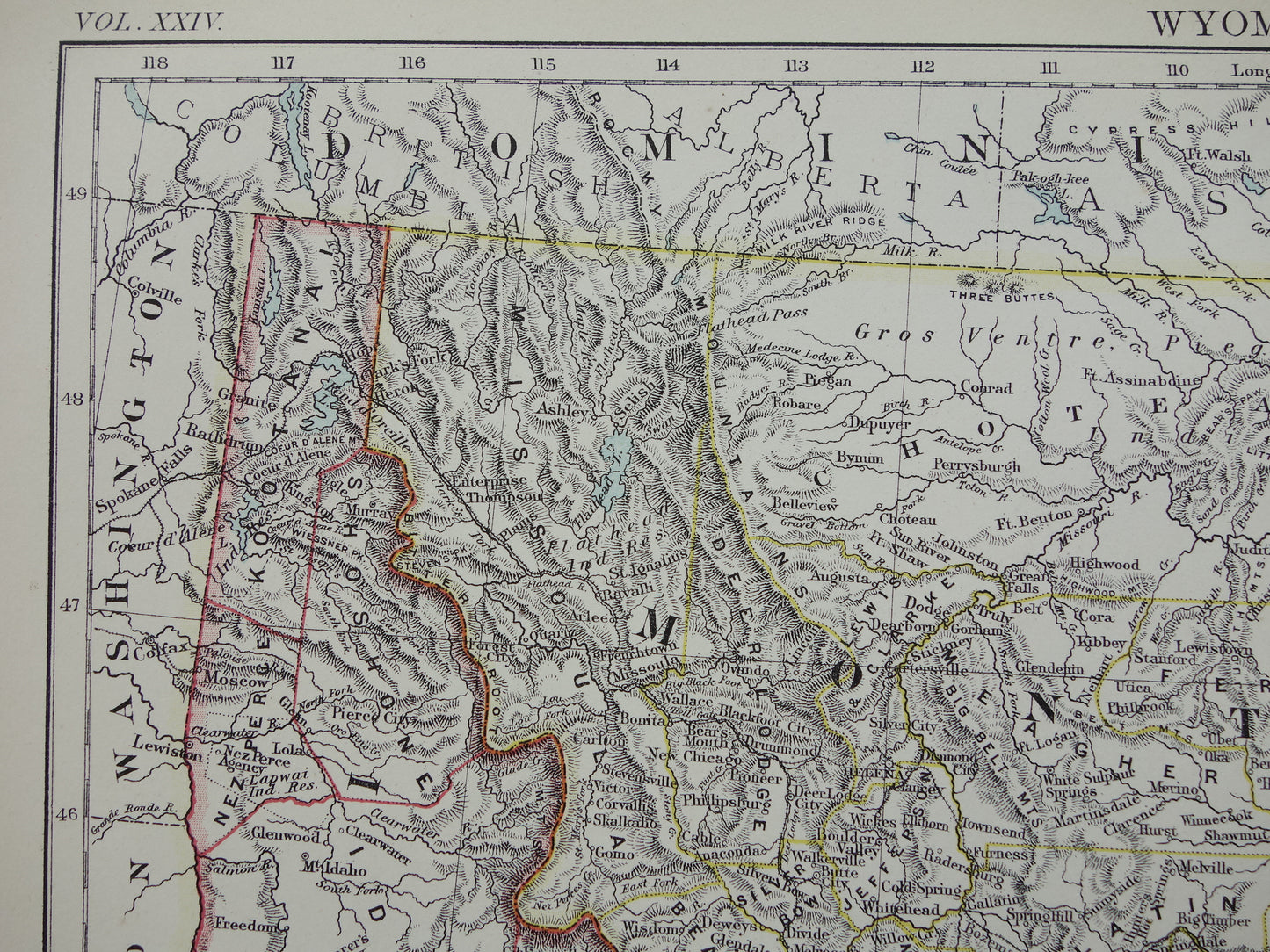 Old map USA 1888 original antique map Idaho Wyoming Montana North and South Dakota USA