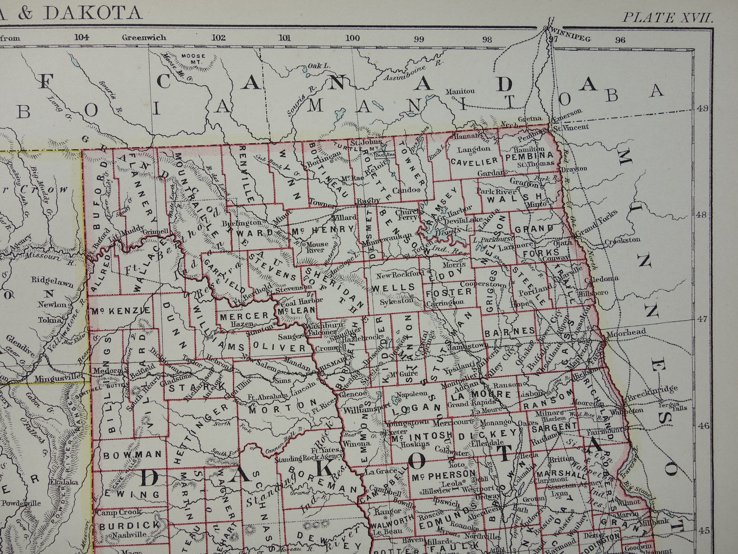 Old map USA 1888 original antique map Idaho Wyoming Montana North and South Dakota USA