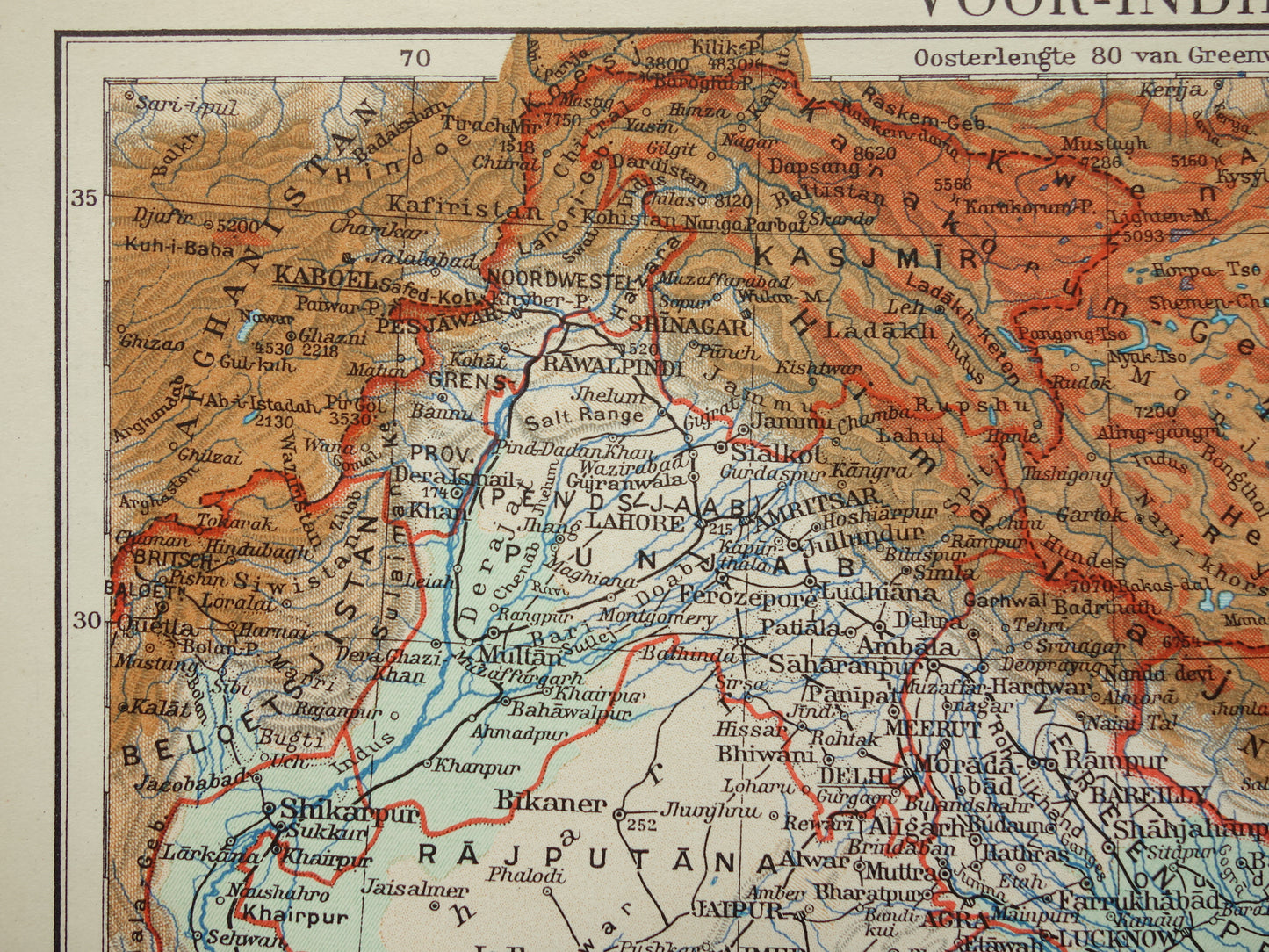 Old map of India from 1938 original vintage Dutch map of India relief map