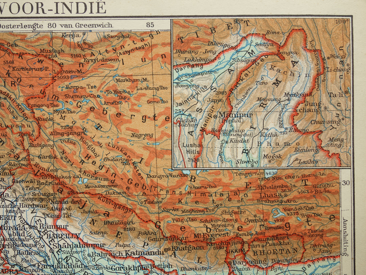 Old map of India from 1938 original vintage Dutch map of India relief map