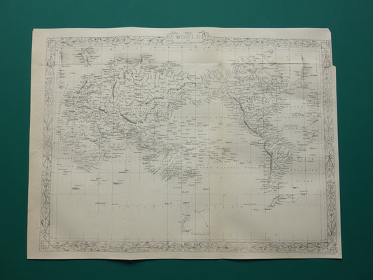 WERELDKAART vintage landkaart van de Wereld uit 1860 Originele antieke Engelse kaart