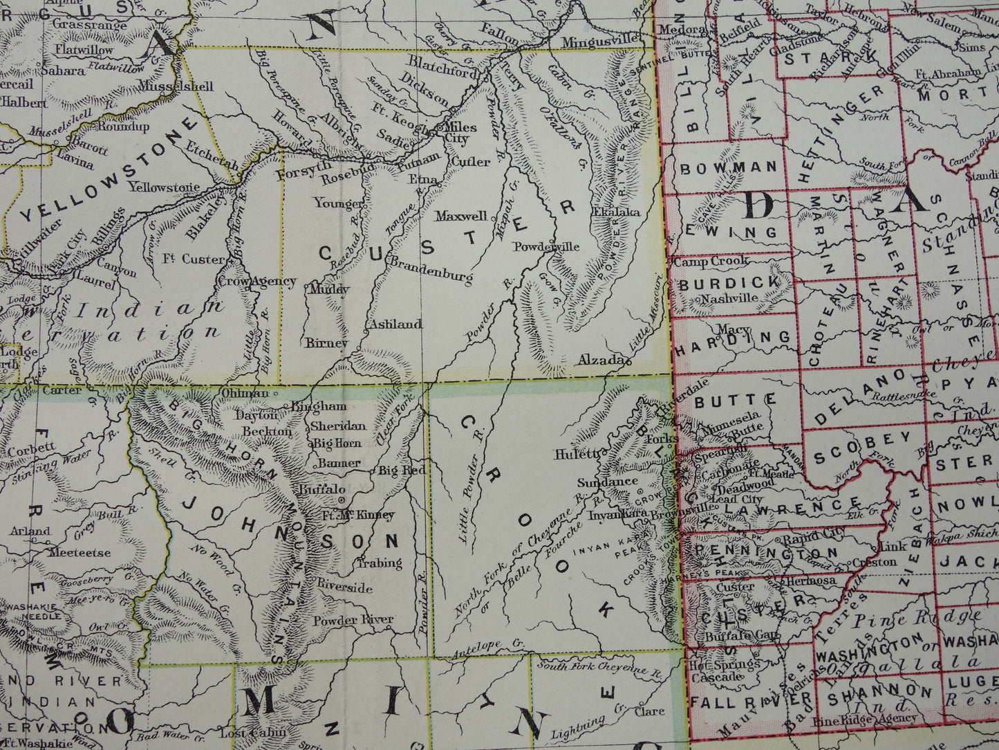Old map USA 1888 original antique map Idaho Wyoming Montana North and South Dakota USA