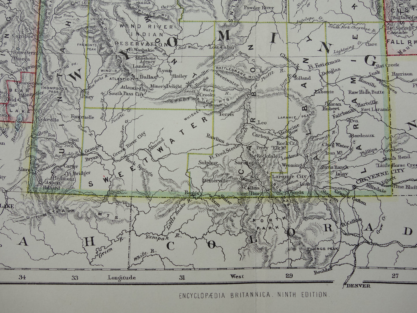 Old map USA 1888 original antique map Idaho Wyoming Montana North and South Dakota USA