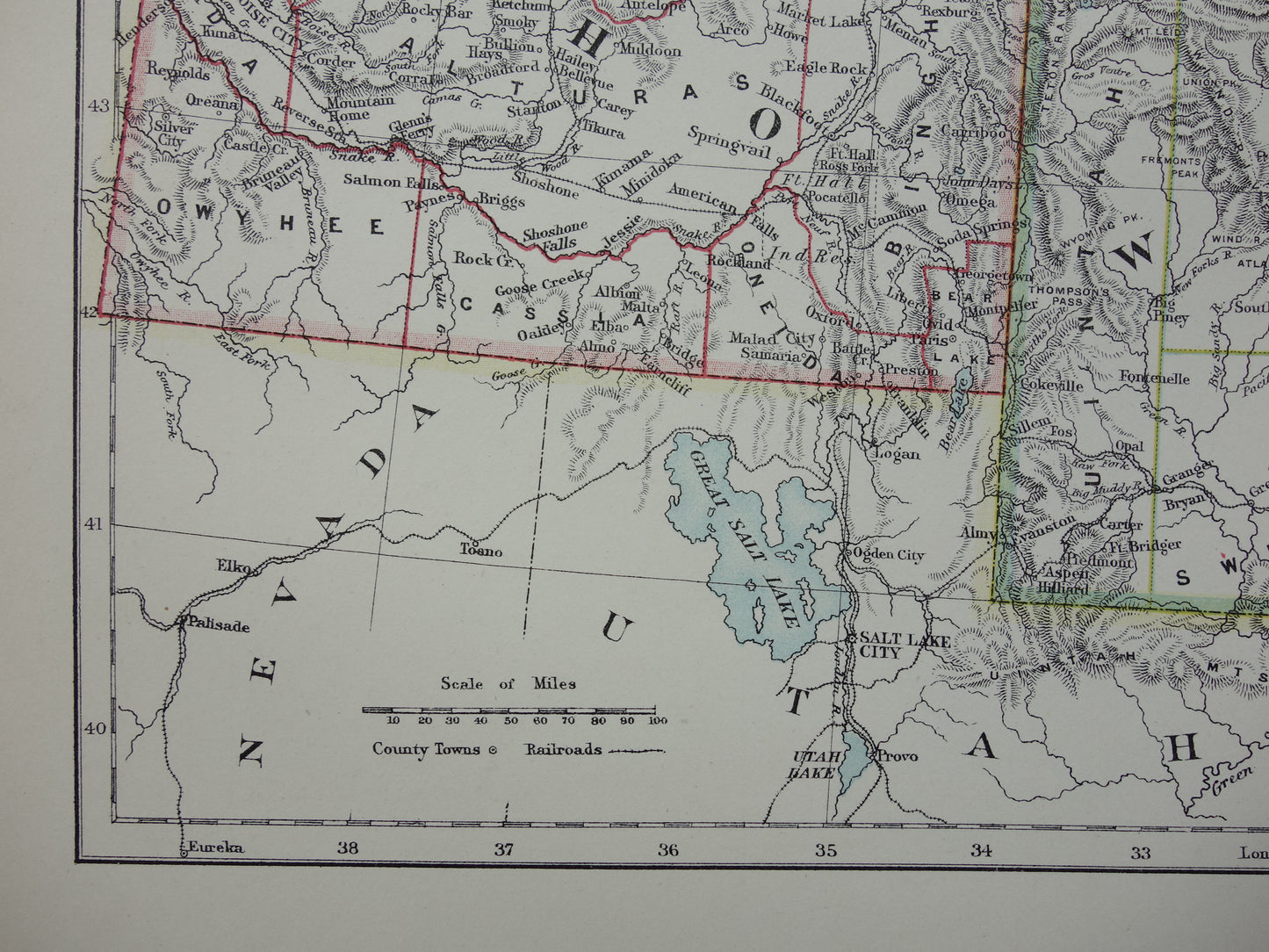Old map USA 1888 original antique map Idaho Wyoming Montana North and South Dakota USA
