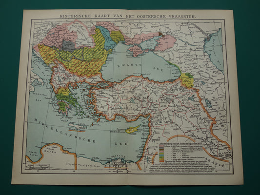 Geschiedeniskaart van het Turkse Rijk uit 1910 originele oude vintage landkaart Europees Turkije antieke kaarten Balkan