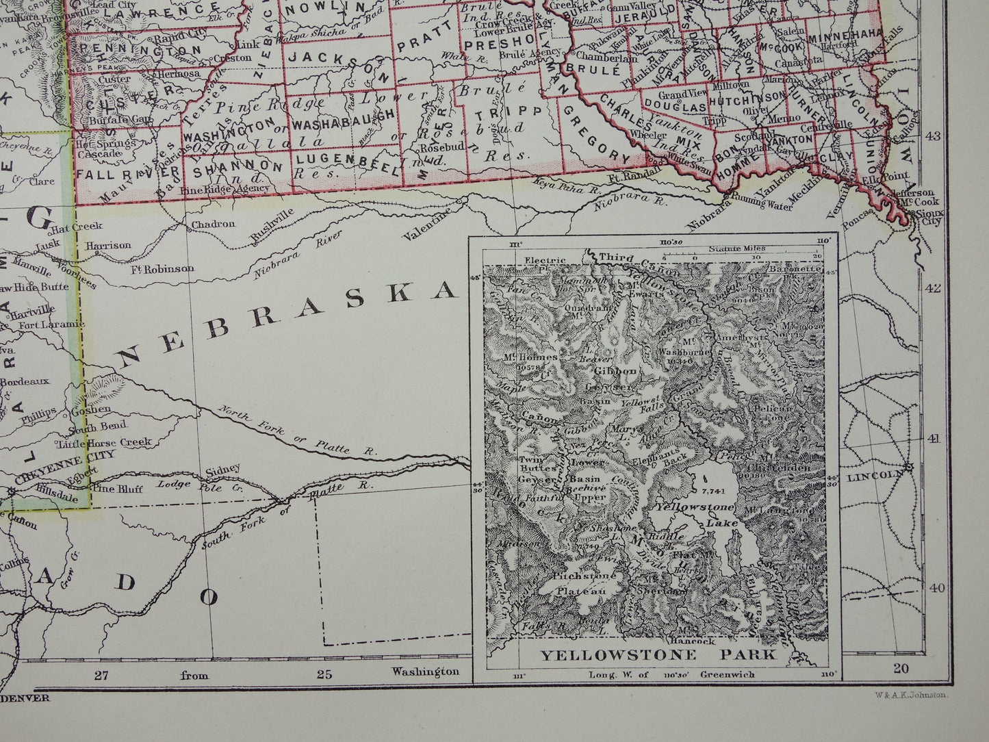 Old map USA 1888 original antique map Idaho Wyoming Montana North and South Dakota USA