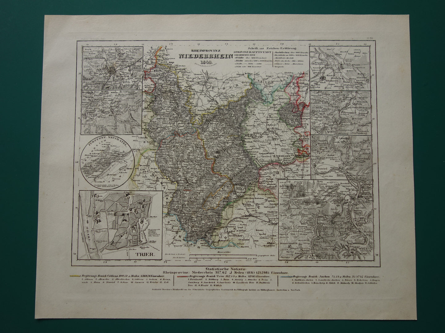 Old map of Lower Rhine Germany 175+ year old hand-colored map Lower Rhine Trier Koblenz Aachen