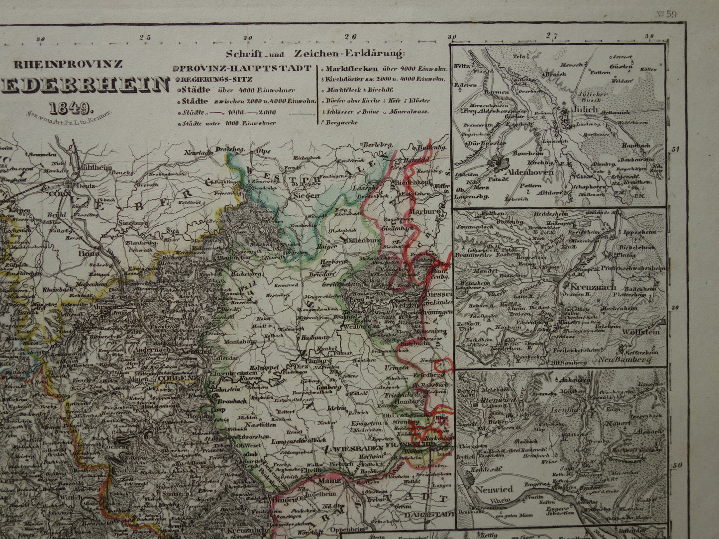 Old map of Lower Rhine Germany 175+ year old hand-colored map Lower Rhine Trier Koblenz Aachen