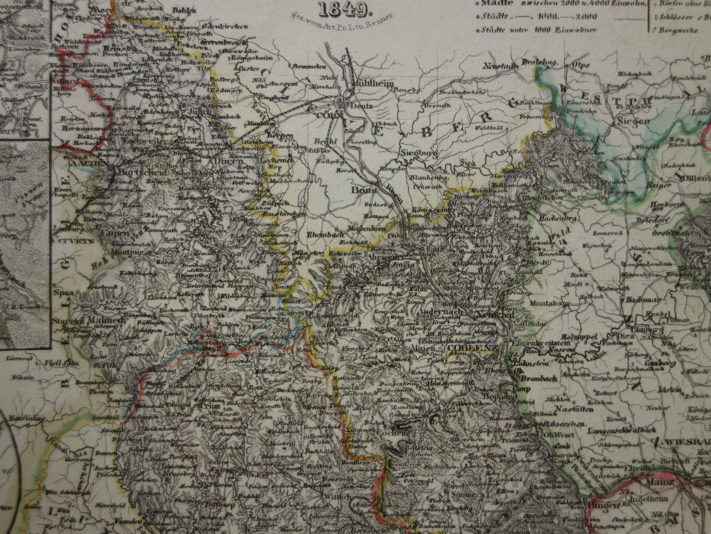 Old map of Lower Rhine Germany 175+ year old hand-colored map Lower Rhine Trier Koblenz Aachen