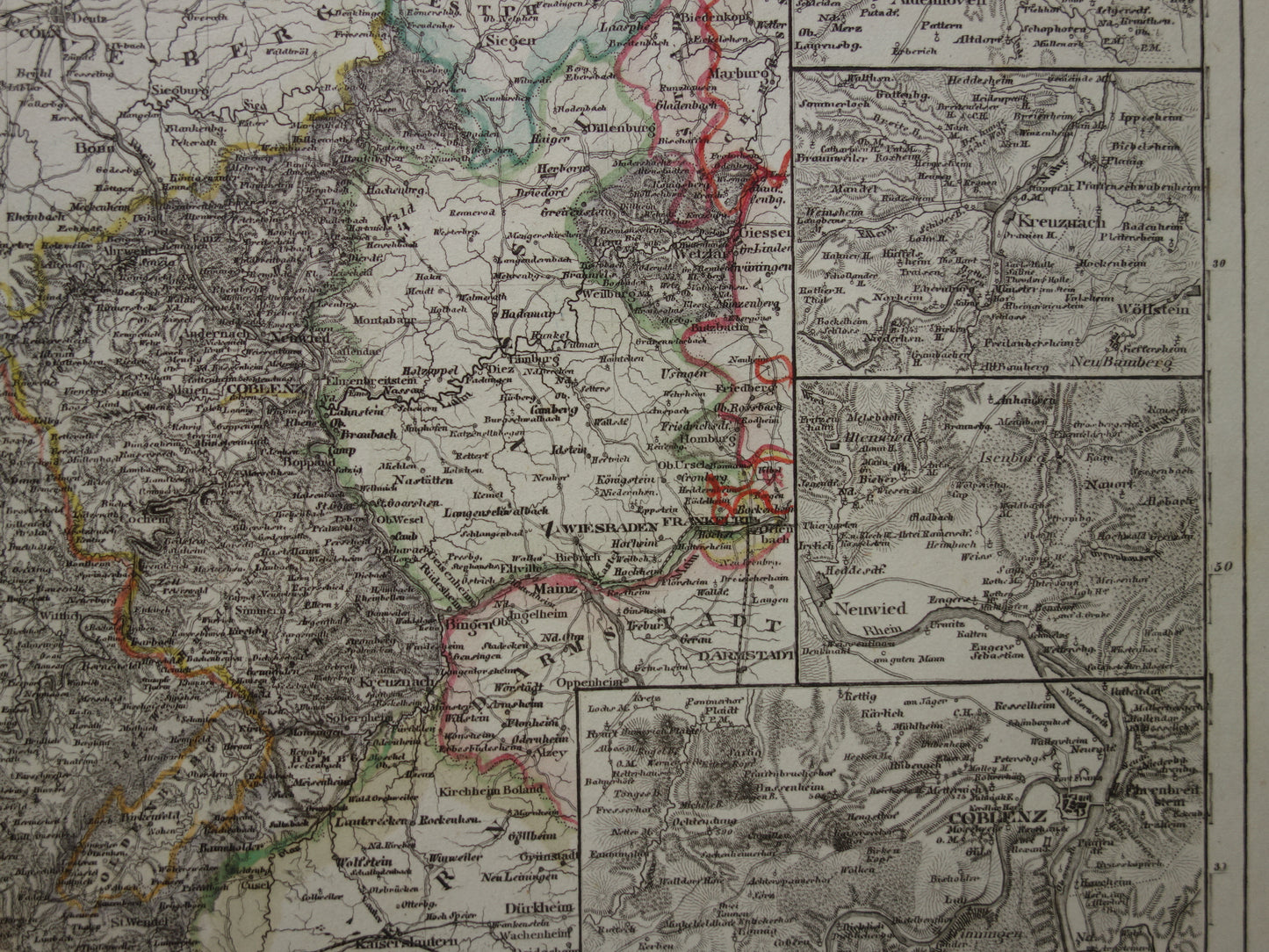 Old map of Lower Rhine Germany 175+ year old hand-colored map Lower Rhine Trier Koblenz Aachen