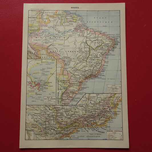 BRAZILIË Oude kaart van Brazilië uit 1902 Originele antieke landkaart vintage print Rio de Janeiro