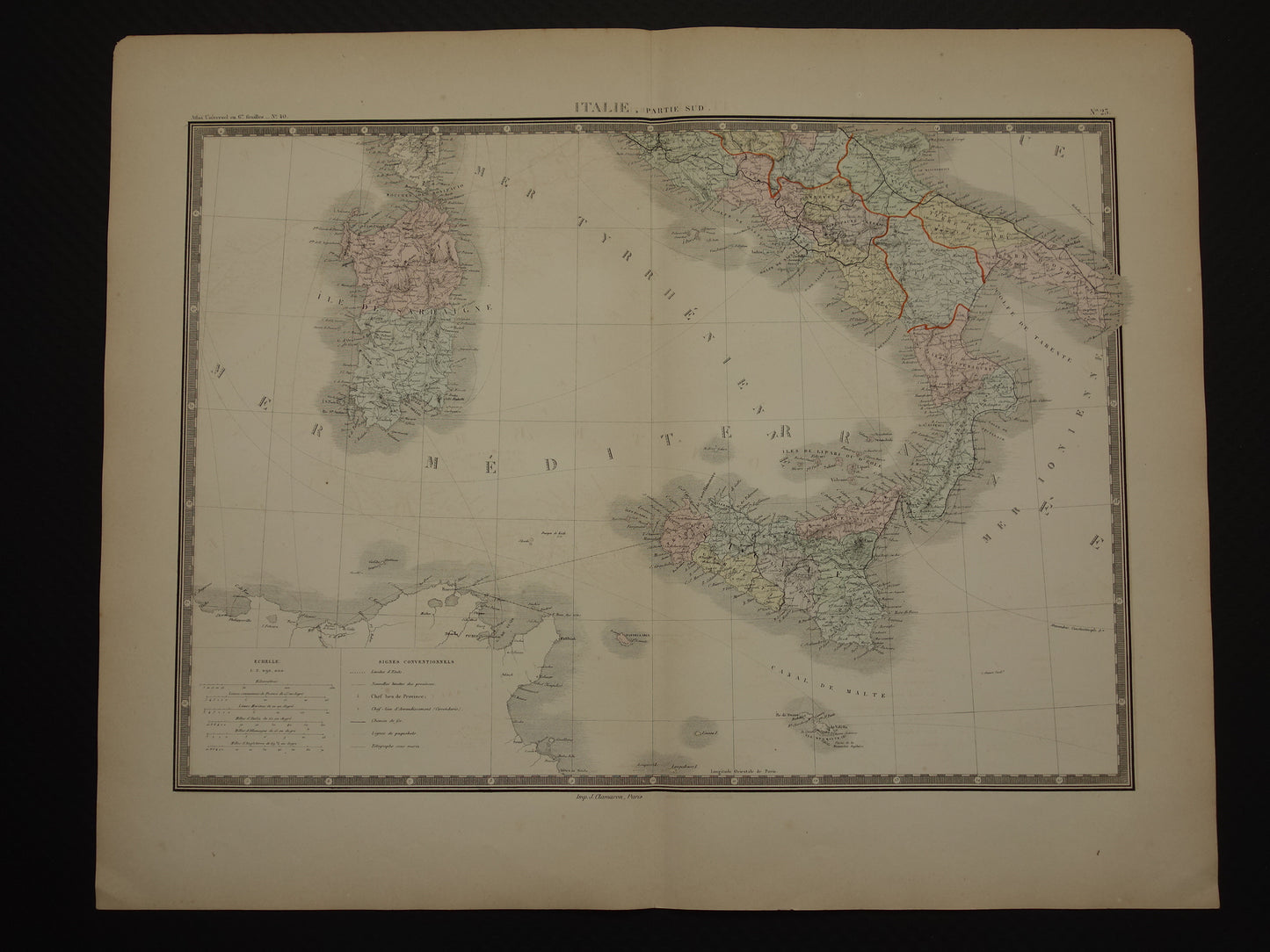 ITALIË oude kaart van Zuid-Italië met Sicilië Grote originele antieke landkaart van zuiden Italië uit 1876