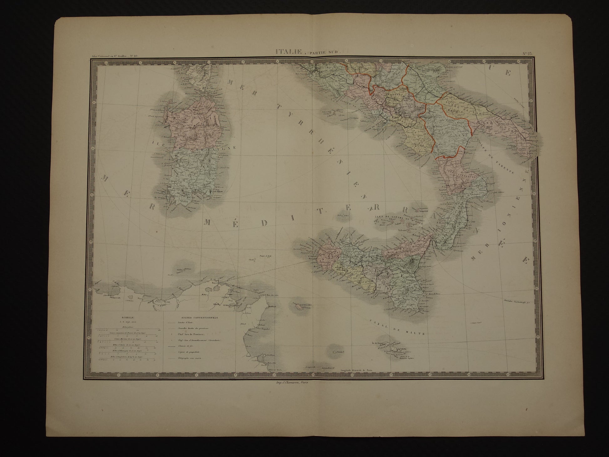 ITALIË oude kaart van Zuid-Italië met Sicilië Grote originele antieke landkaart van zuiden Italië uit 1876