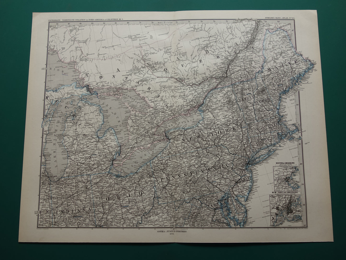 Large Old Map of United States Northeast 1878 Original Antique Map Michigan New York Carolina Great Lakes
