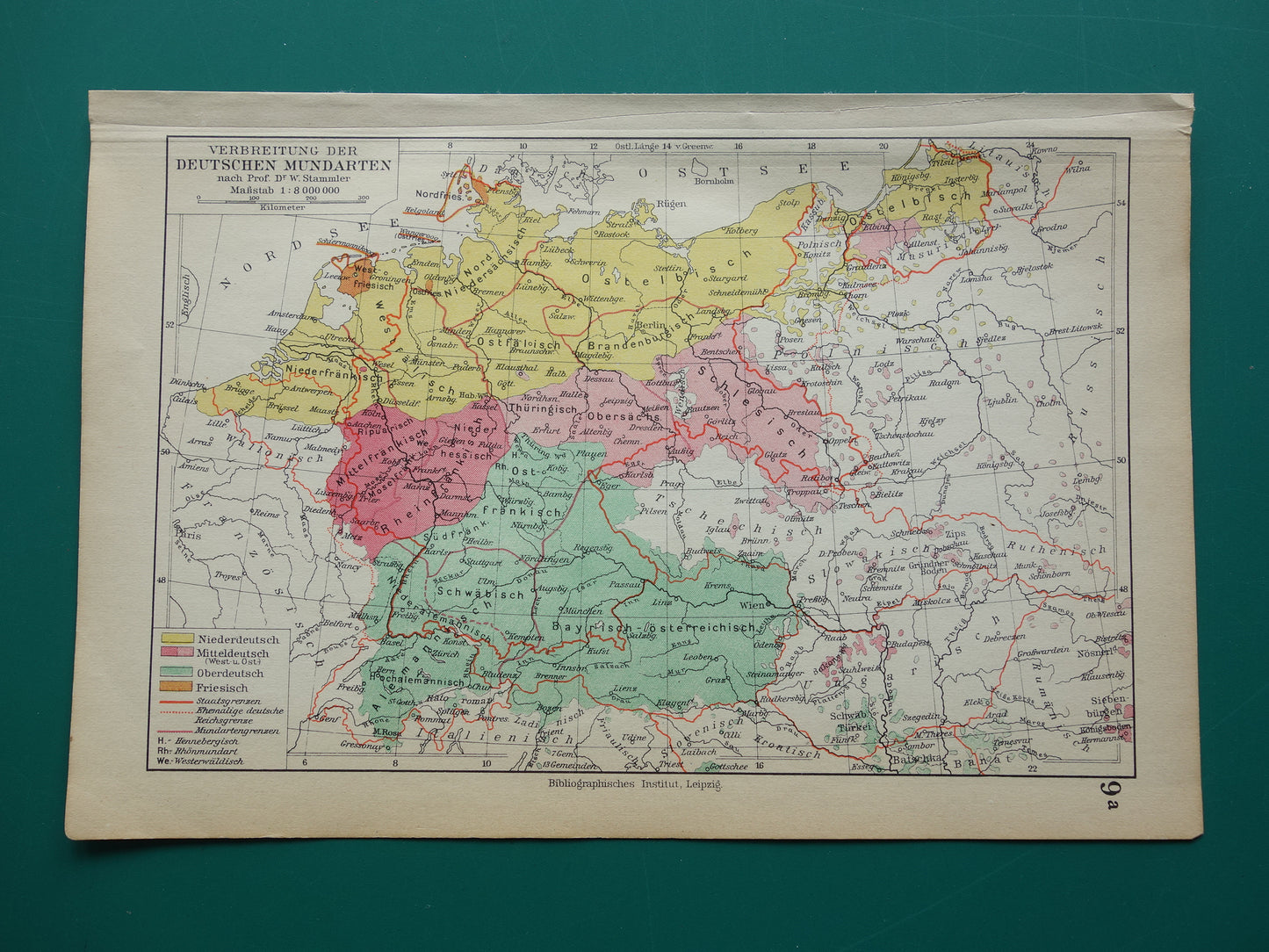 DUITSLAND oude taalkundige kaart van Duitse dialecten - kleine originele vintage landkkaart uit 1928 van het Duitse rijk dialect - taalkaart Hoogduits Nederduits