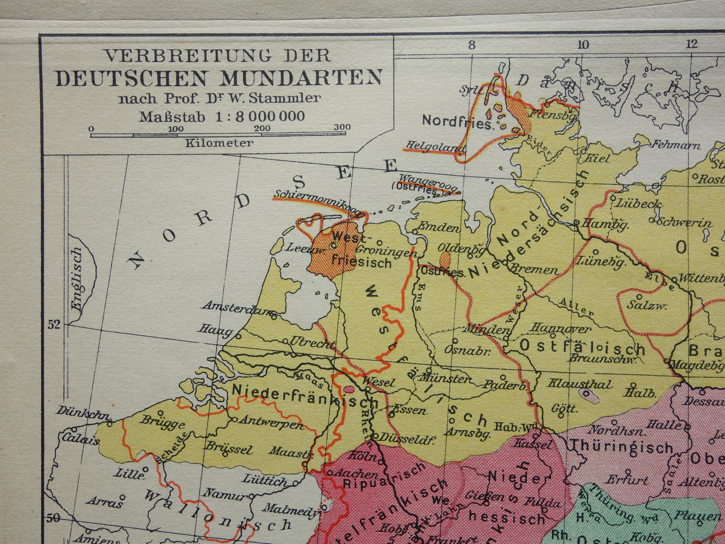 DUITSLAND oude taalkundige kaart van Duitse dialecten - kleine originele vintage landkkaart uit 1928 van het Duitse rijk dialect - taalkaart Hoogduits Nederduits