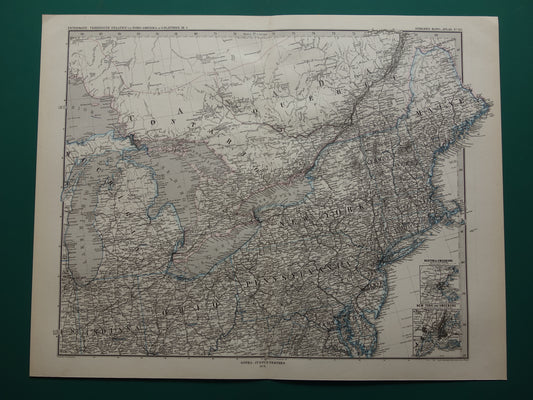 Grote oude landkaart van de Verenigde Staten noordoosten 1878 originele antieke kaart Michigan New York Carolina Great Lakes