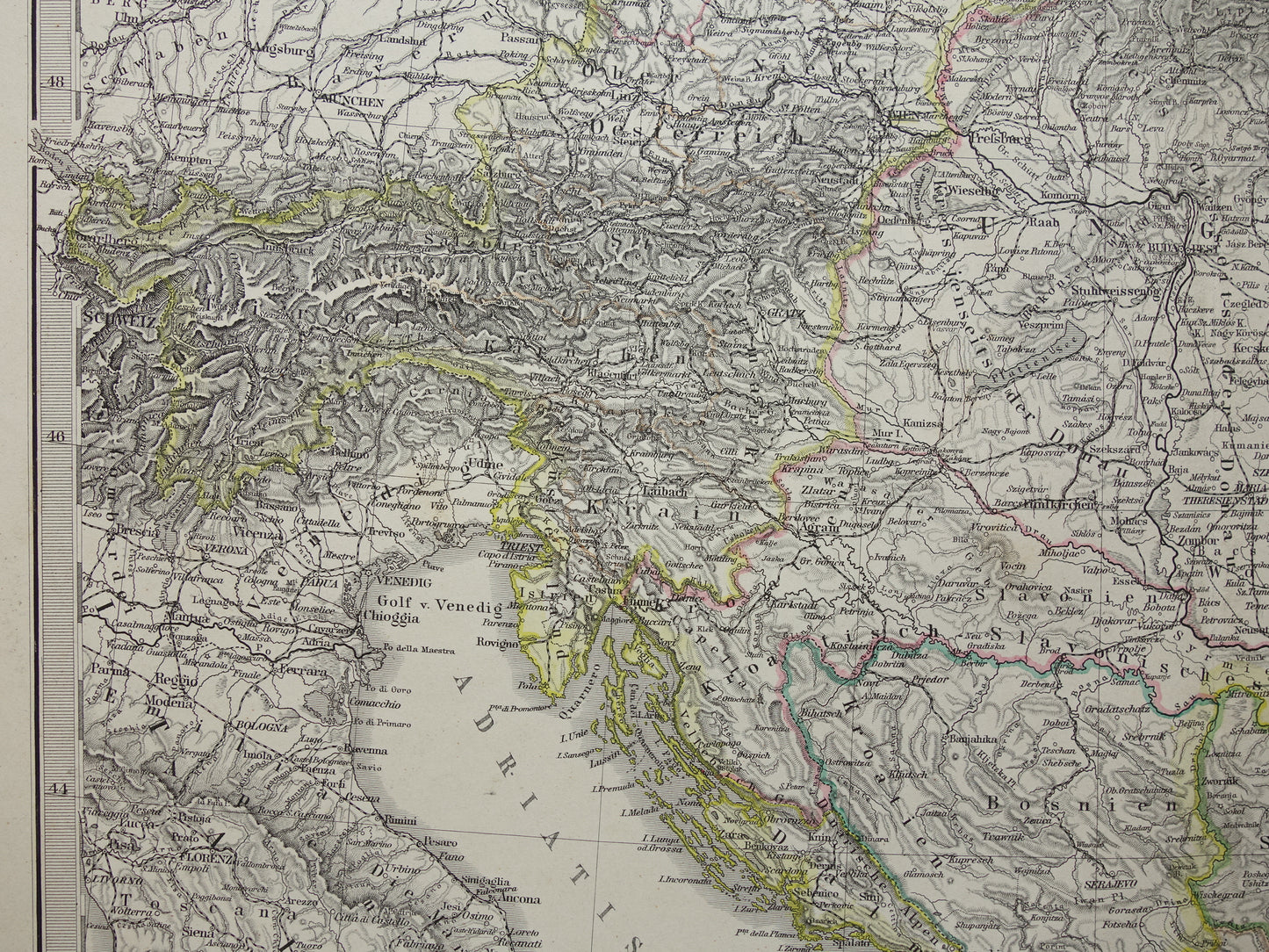Oude kaart van Oostenrijk Hongarije uit het jaar 1886 gedetailleerde antieke landkaart met jaartal historische kaarten Oostenrijk-Hongarije