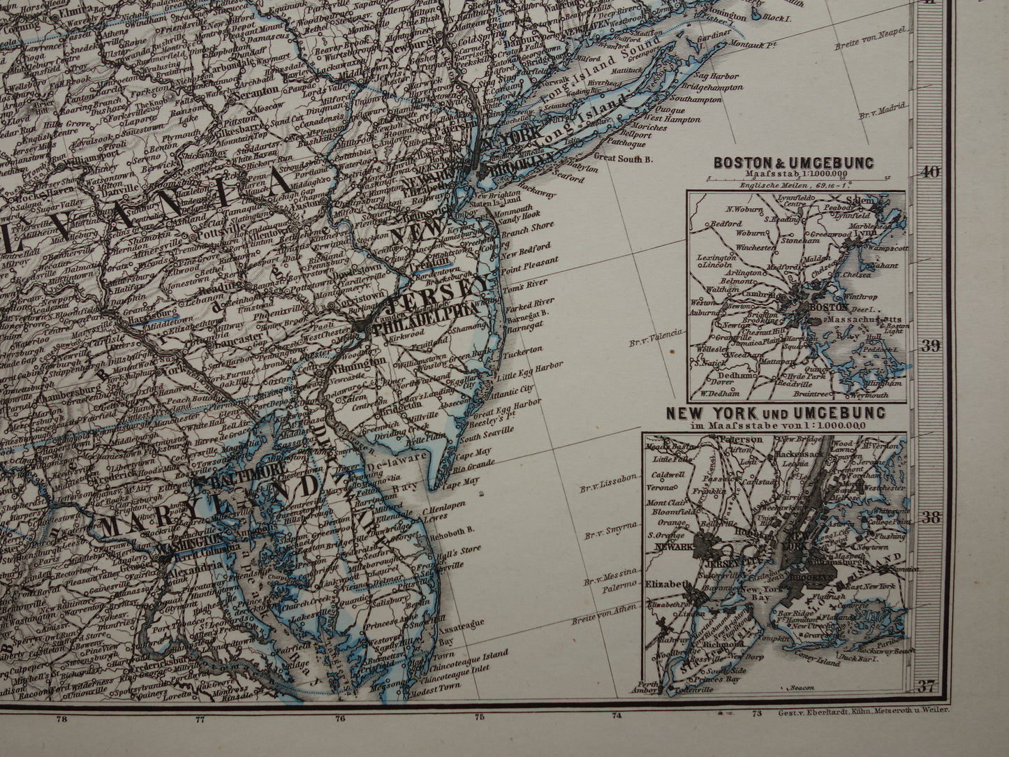 Large Old Map of United States Northeast 1878 Original Antique Map Michigan New York Carolina Great Lakes