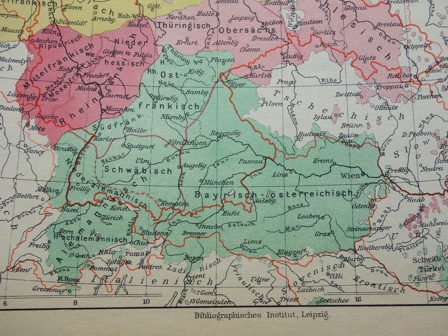 DUITSLAND oude taalkundige kaart van Duitse dialecten - kleine originele vintage landkkaart uit 1928 van het Duitse rijk dialect - taalkaart Hoogduits Nederduits