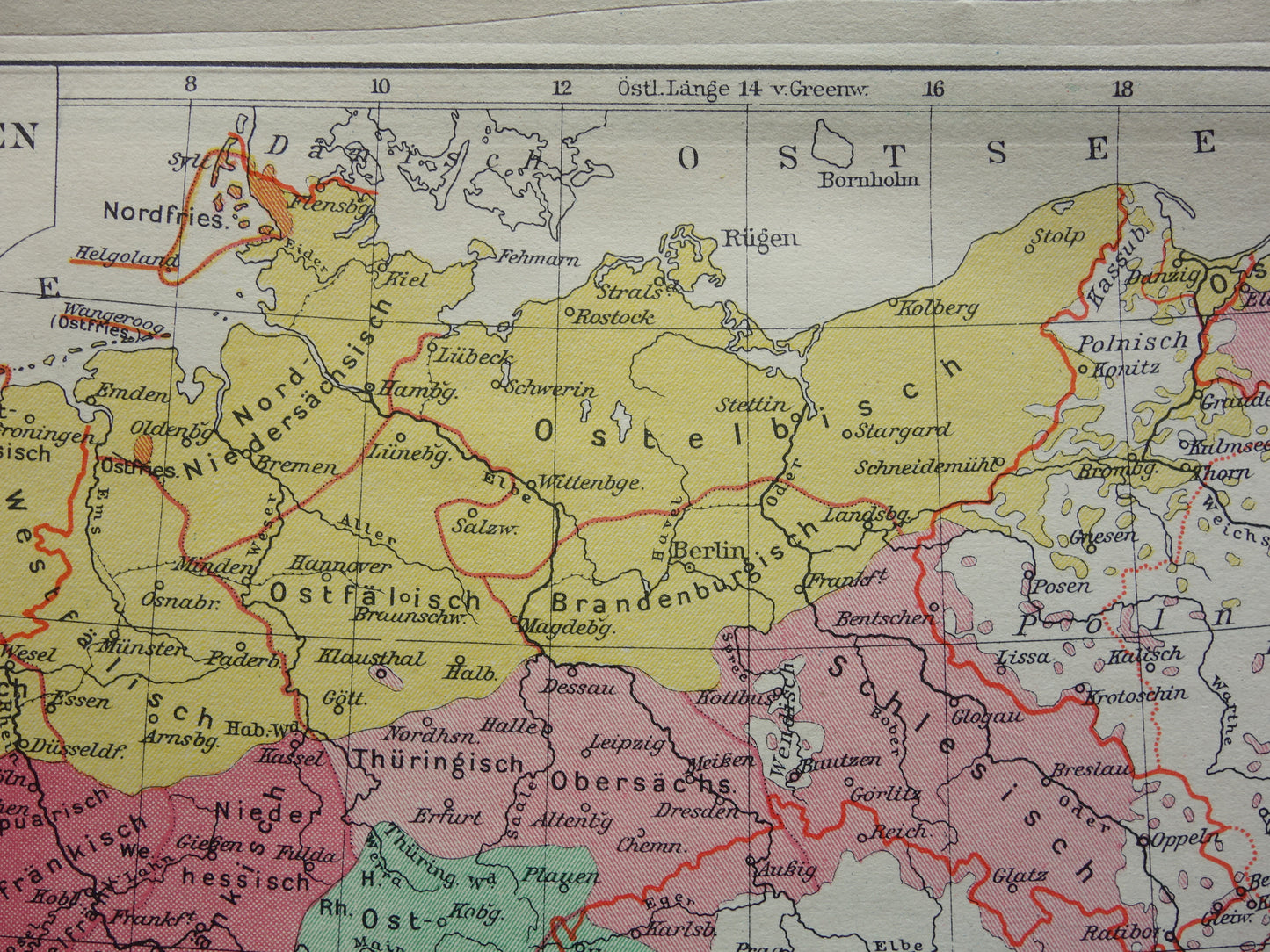 DUITSLAND oude taalkundige kaart van Duitse dialecten - kleine originele vintage landkkaart uit 1928 van het Duitse rijk dialect - taalkaart Hoogduits Nederduits