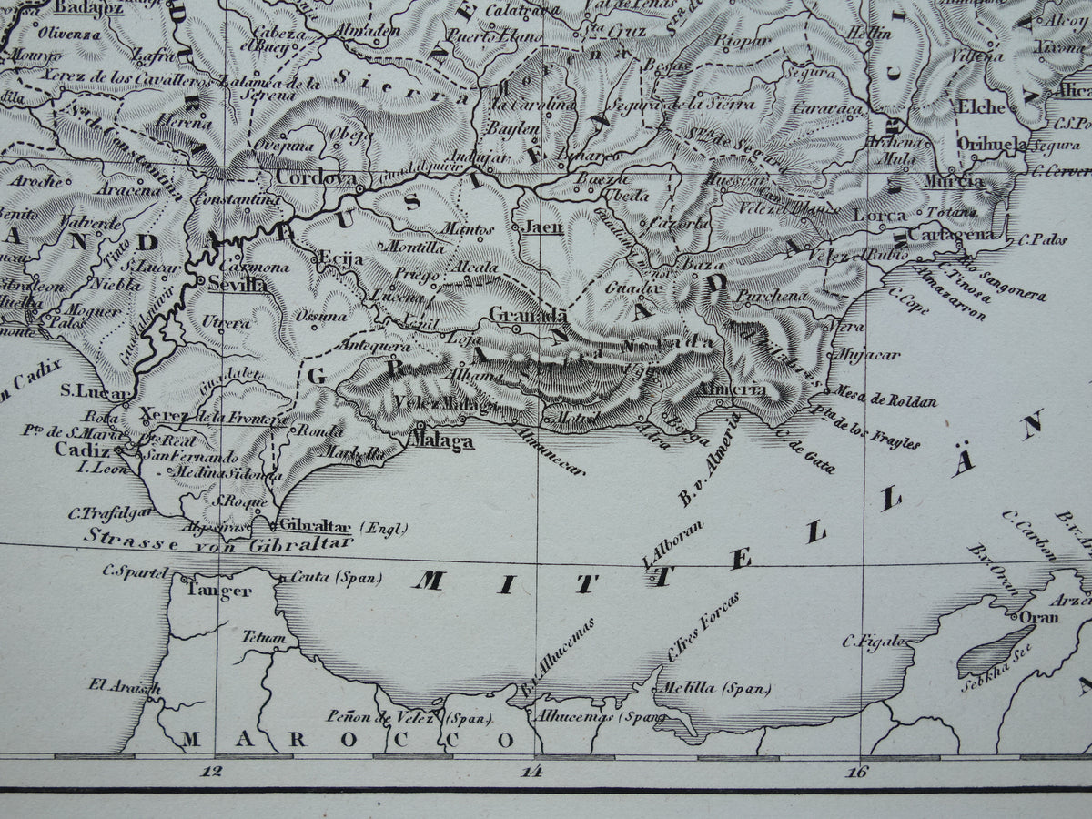 Antieke kaart van Spanje Portugal 175+ jaar oude landkaart uit 1849 gedetailleerde zwart wit kaart