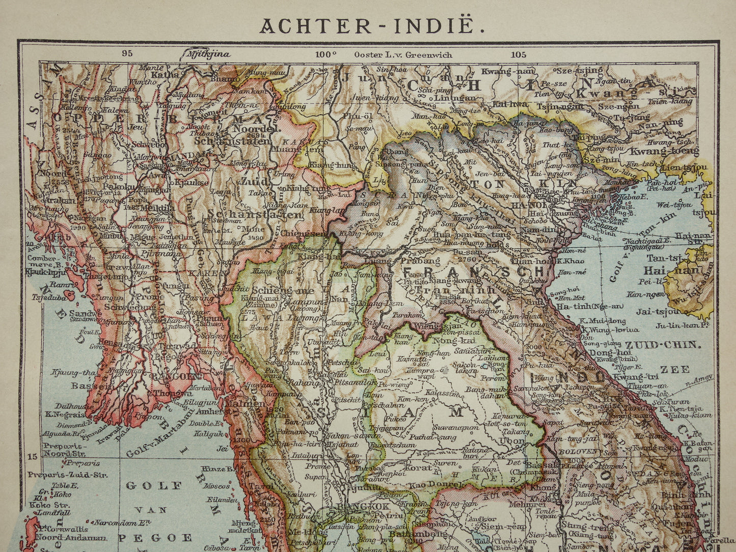 Oude kaart van zuidoost Azië uit 1910 originele antieke Nederlandse landkaart Thailand Vietnam Cambodja Maleisië