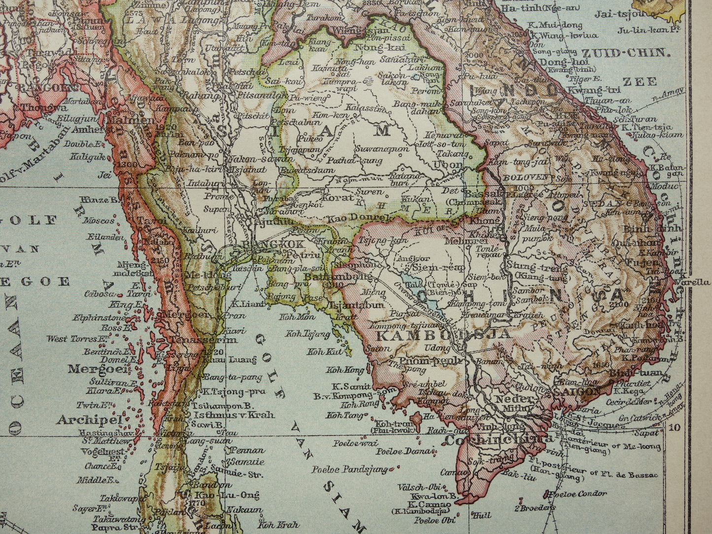 Oude kaart van zuidoost Azië uit 1910 originele antieke Nederlandse landkaart Thailand Vietnam Cambodja Maleisië