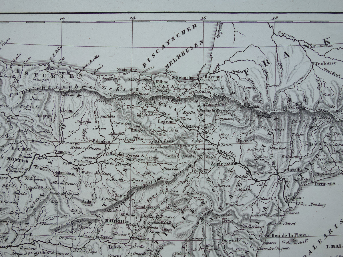 Antieke kaart van Spanje Portugal 175+ jaar oude landkaart uit 1849 gedetailleerde zwart wit kaart