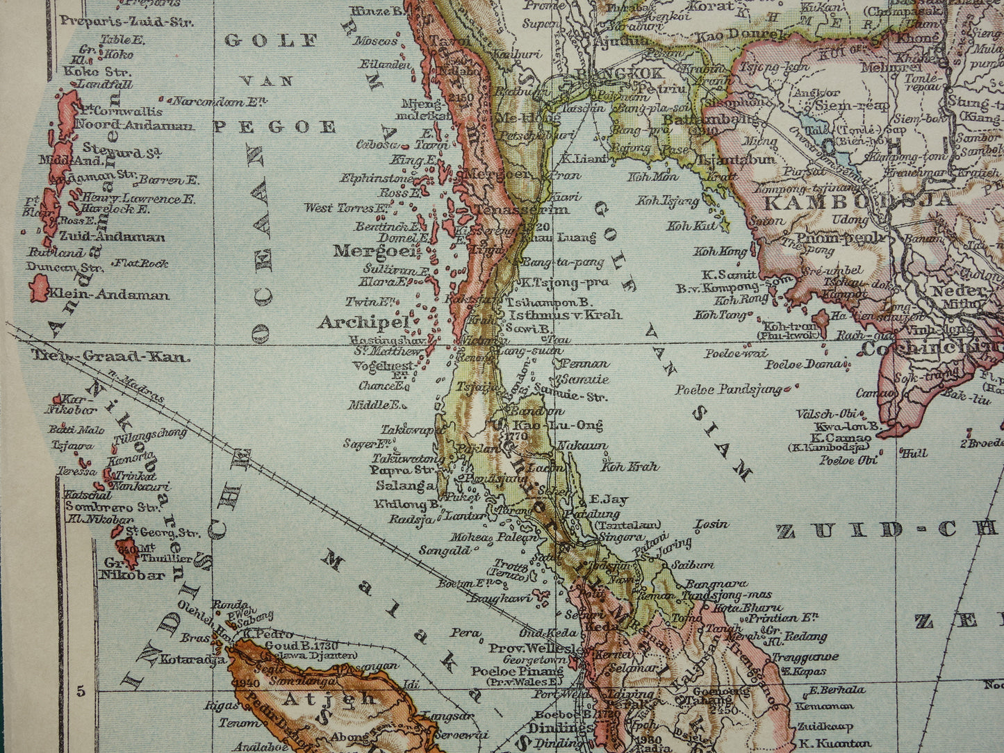 Oude kaart van zuidoost Azië uit 1910 originele antieke Nederlandse landkaart Thailand Vietnam Cambodja Maleisië