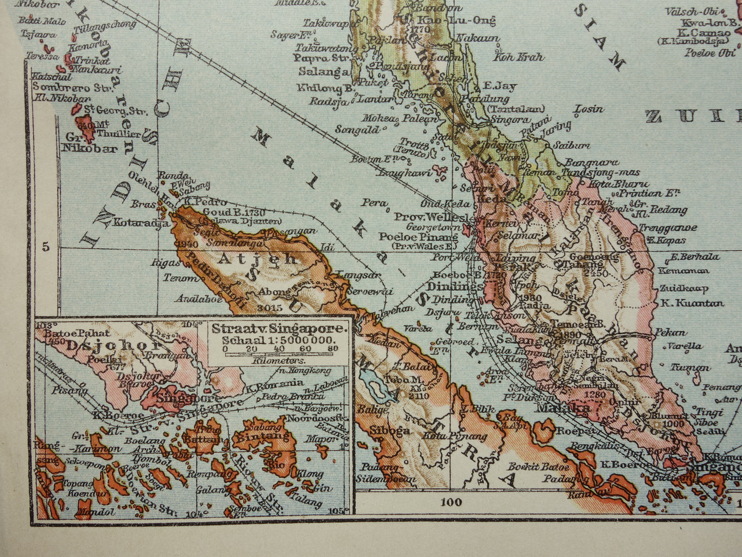 Oude kaart van zuidoost Azië uit 1910 originele antieke Nederlandse landkaart Thailand Vietnam Cambodja Maleisië