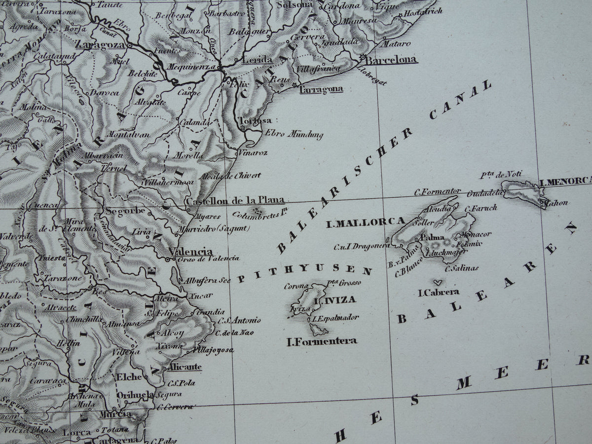 Antieke kaart van Spanje Portugal 175+ jaar oude landkaart uit 1849 gedetailleerde zwart wit kaart