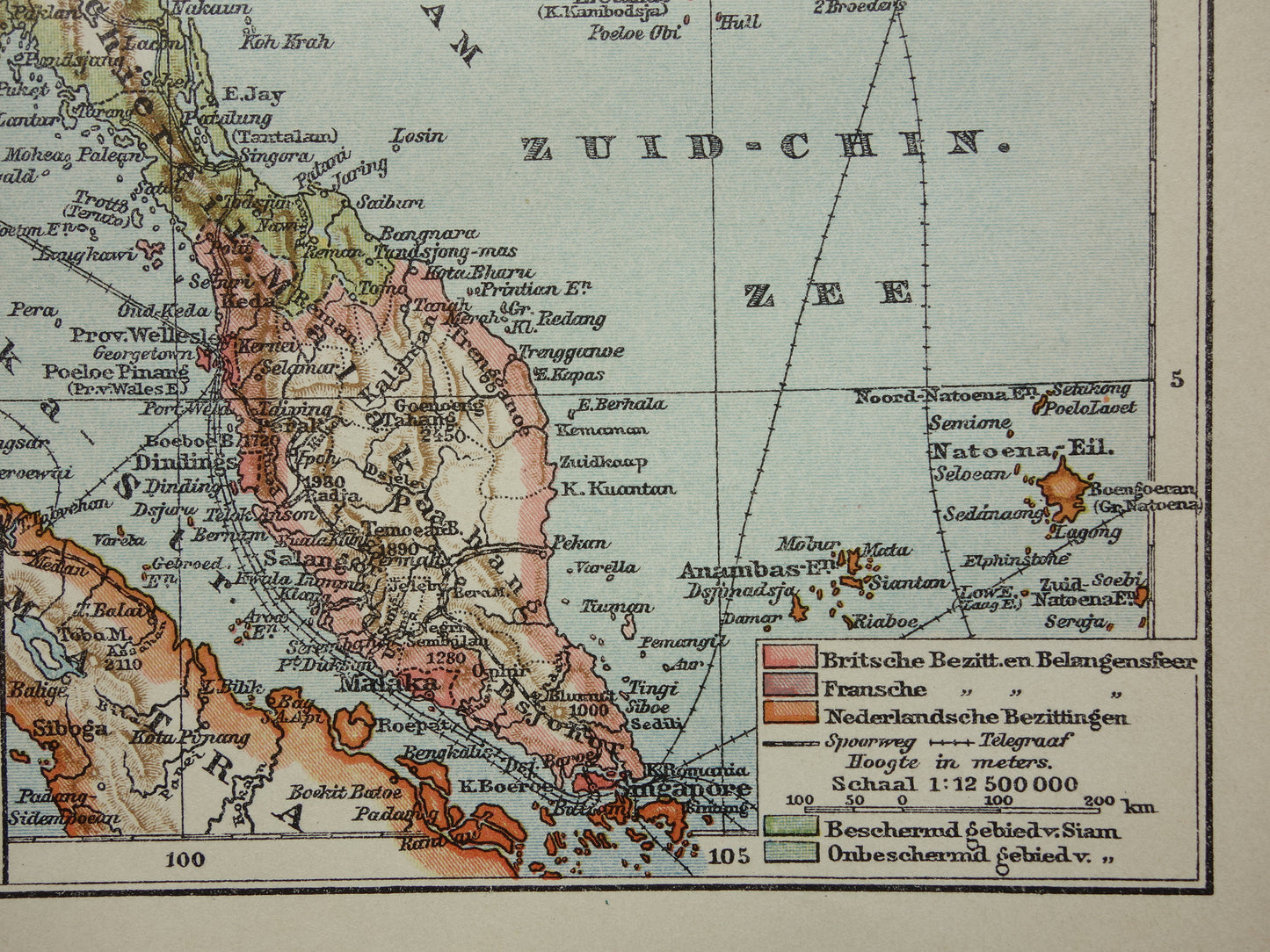 Oude kaart van zuidoost Azië uit 1910 originele antieke Nederlandse landkaart Thailand Vietnam Cambodja Maleisië