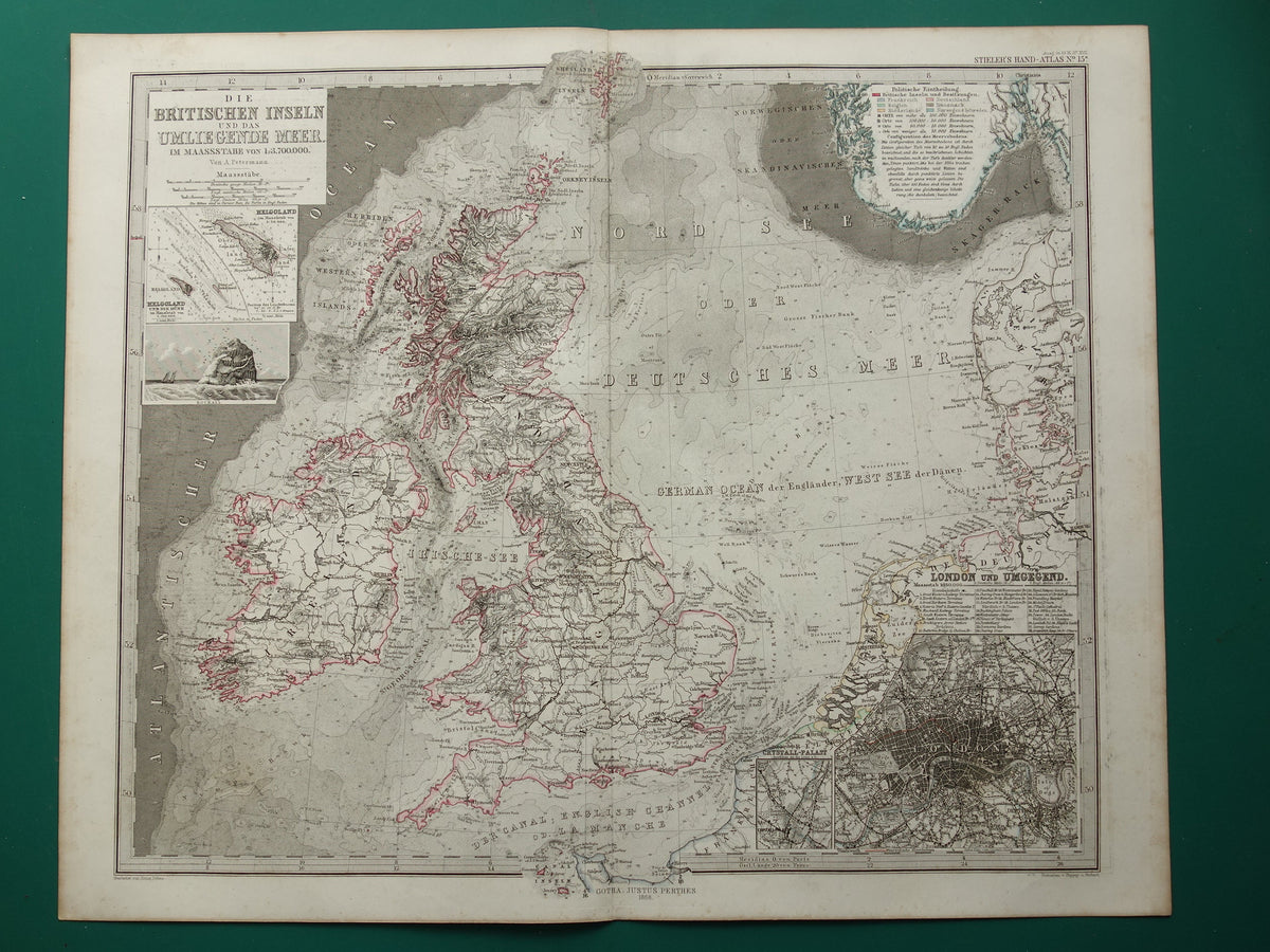 british isles and the north sea original antique map from 1868